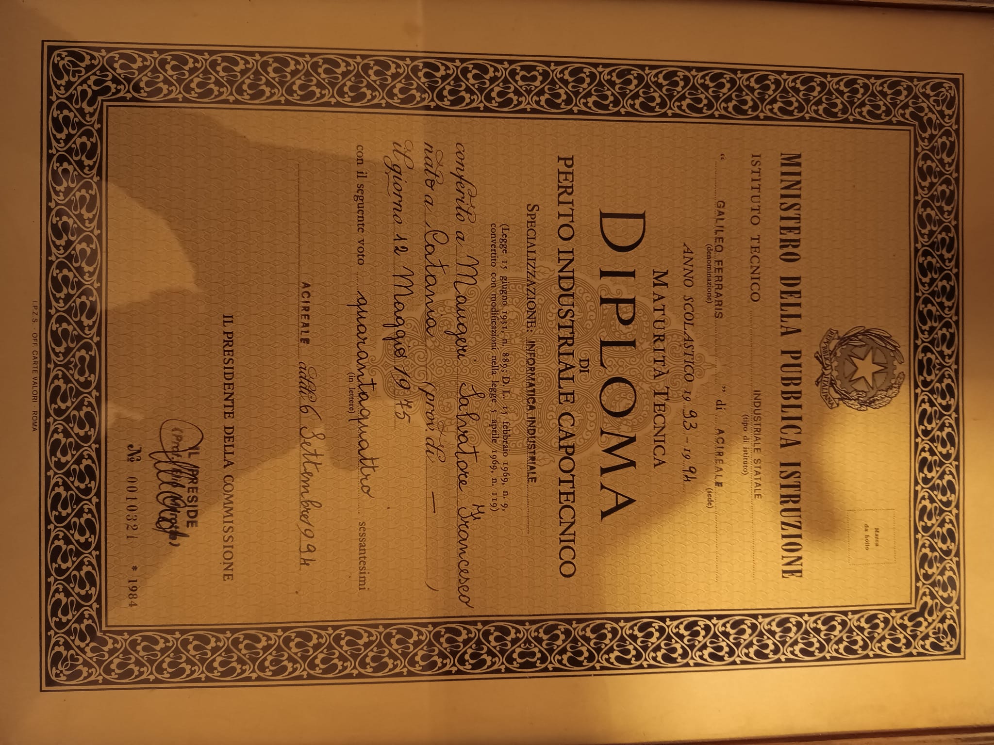 Diploma di Capotecnico industriale - Salvo Maugeri